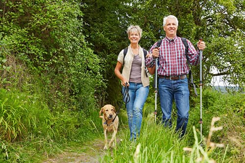 A retired couple hiking in the woods with their dog